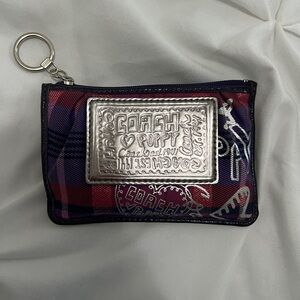 Coach Poppy Tartan Plaid Small Zip Coin Purse Card Key Holder Purple